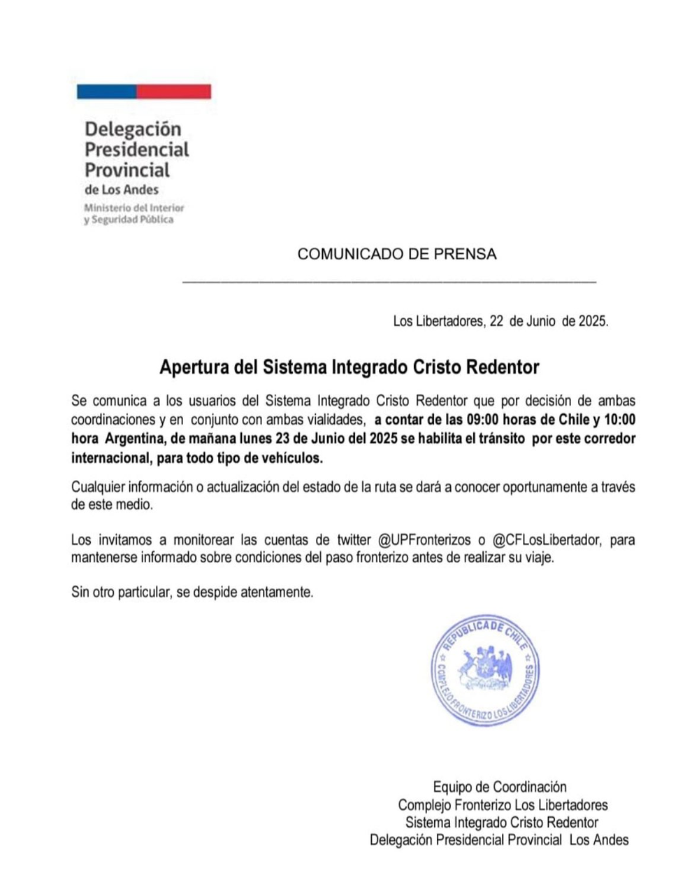 Opening of the Cristo Redentor Integrated System.