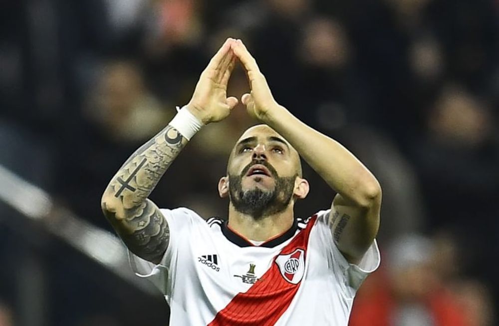 River Plates Javier Pinola gestures after winning the second leg match of the all-Argentine Copa Libertadores final against Boca Juniors, at the Santiago Bernabeu stadium in Madrid, on December 9, 2018\u002E (Photo by OSCAR DEL POZO / AFP) madrid españa  campeonato torneo copa libertadores 2018 futbol futbolistas partido final river plate boca juniors