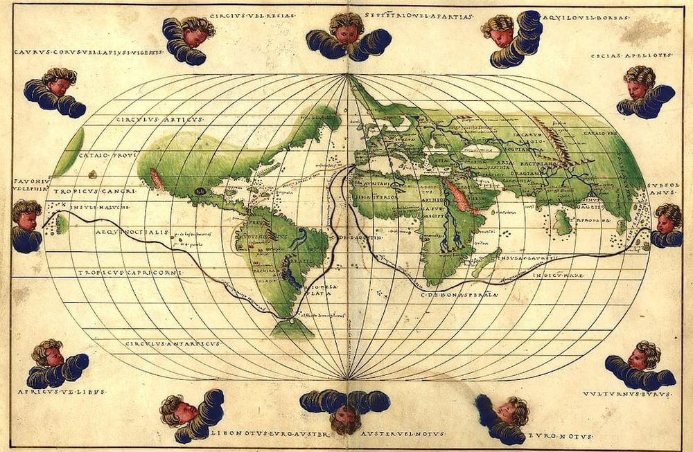 Mapamundi elaborado por el cartógrafo Bautista Agnese en 1544, que muestra el recorrido de la expedición Magallanes-Elcano encargada por la Corona Española.