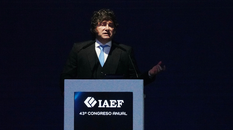 El presidente Javier Milei, habla durante el 43° Congreso Anual de la IAEF en el centro de Convenciones.&nbsp;