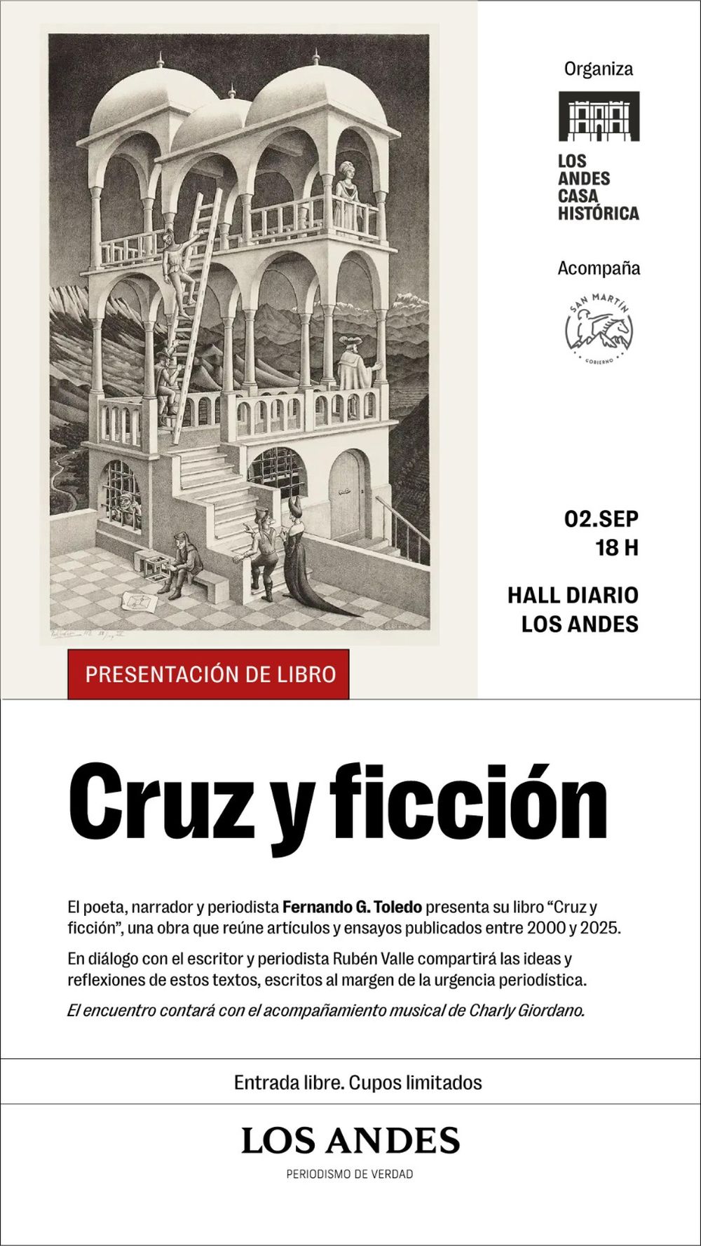 Volante sobre la presentación del libro Cruz y ficción, de Fernando G. Toledo, en el hall del diario Los Andes.