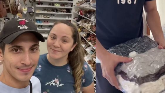 El joven contó que con la compra de una particular bolsa de compresión pudo reducir el espacio que ocupaban sus prendas a la mitad. Foto: Captura video / Lucas Hudak en Tiktok