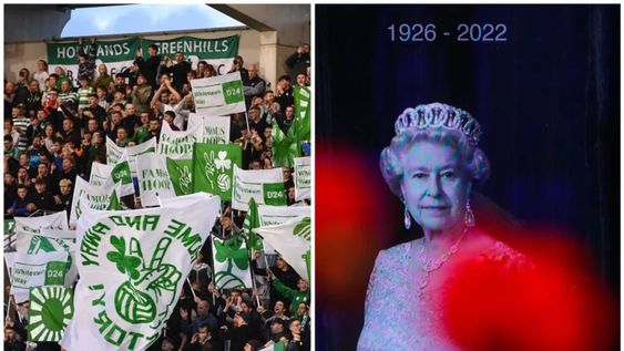 Aficionados del Shamrock Rovers irlandés durante su partido de Conference League de este 8 de septiembre y una imagen de la reina Isabel II de Inglaterra. Foto: Web