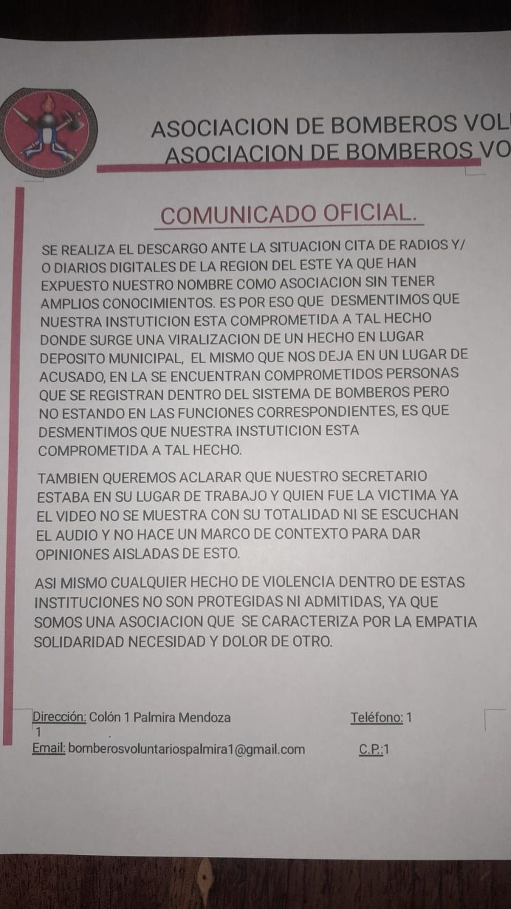 Comunicado oficial de Bomberos de Palmira