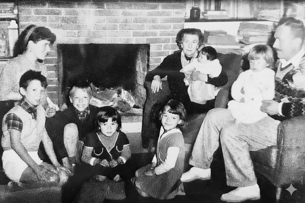 En familia. Los esposos Graciela Maturo (sonriente a la izquierda), la mamá de Alfonso, Justina con Mercedes en brazos, y el poeta sosteniendo a Julieta.