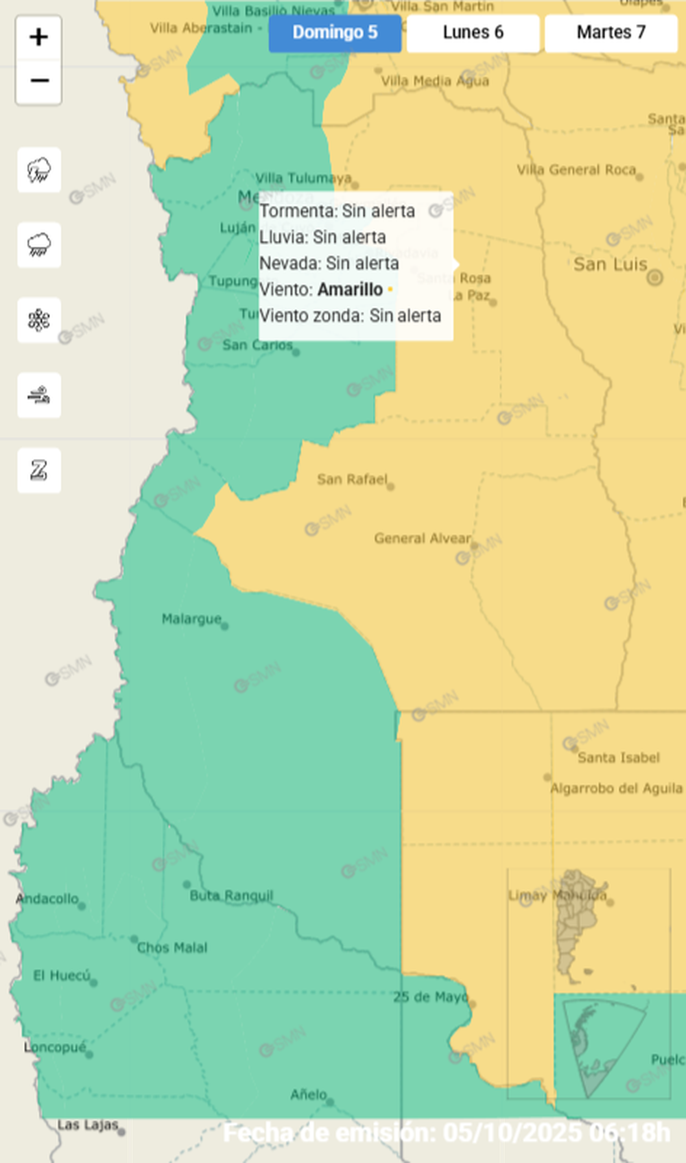 Domingo 5 de octubre: alerta amarilla por viento severo en el este de Mendoza. Domingo 5 de octubre: alerta amarilla por viento severo en el este de Mendoza.