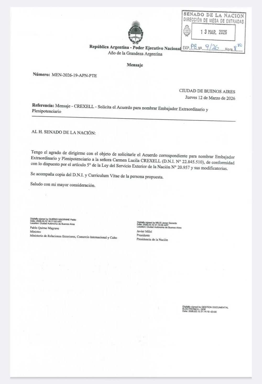 El Gobierno envió al Senado el pliego de la exlegisladora neuquina Luciana Crexell Sapag como embajadora a Canadá.