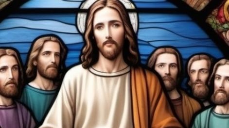 Los Andes | Detalle de un vitral, Jesús y sus 12 apóstoles cada uno sosteniendo un objeto característico.