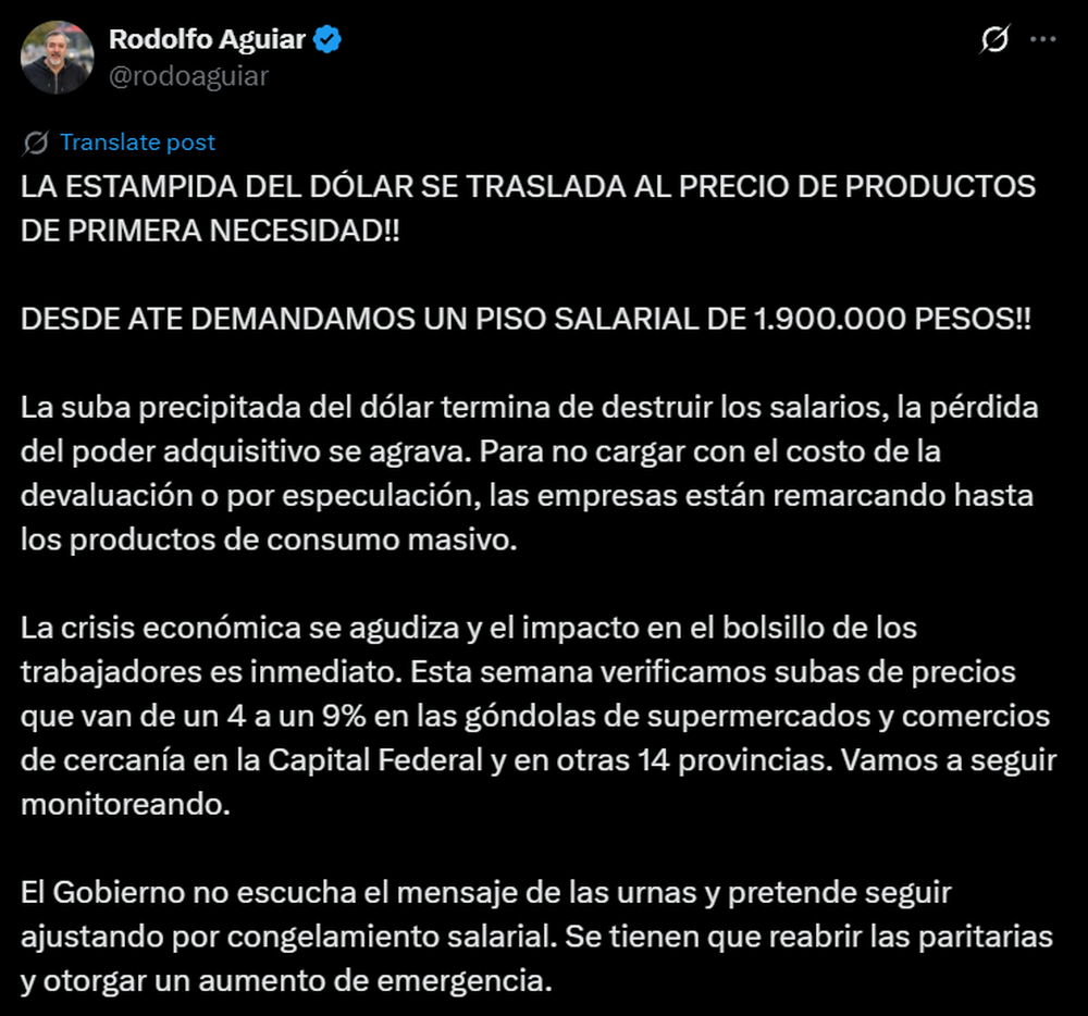 Posteo de Rodolfo Aguiar, secretario general de ATE a nivel nacional.