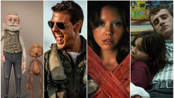 Las 15 mejores películas de 2022. En la foto, de izquierda a derecha: Pinocho de Guillermo del Toro, Top Gun: Maverick, X y Aftersun.