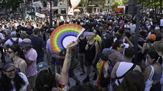 El colectivo LGTBIQ+ marcha esta tarde hacia Plaza de Mayo para rechazar del discurso del presidente Javier Milei en el Foro Económico de Davos. Foto: MAXIMILIANO LUNA/ NA