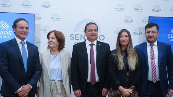 De izquierda a derecha, los senadores Espínola, Vigo, Snopek, Catalfamo y Kueider, del bloque Unidad Federal (Foto: Federico López Claro)