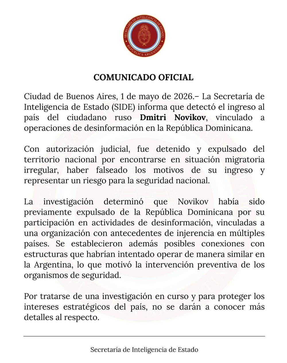 Comunicado de la SIDE sobre el ciudadano ruso detenido y expulsado del país
