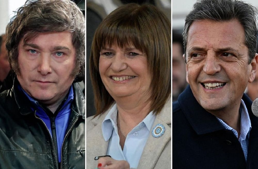 Los candidatos presidenciales Javier Milei (La Libertad Avanza), Patricia Bullrich (Juntos por el Cambio) y Sergio Massa (Unión por la Patria)