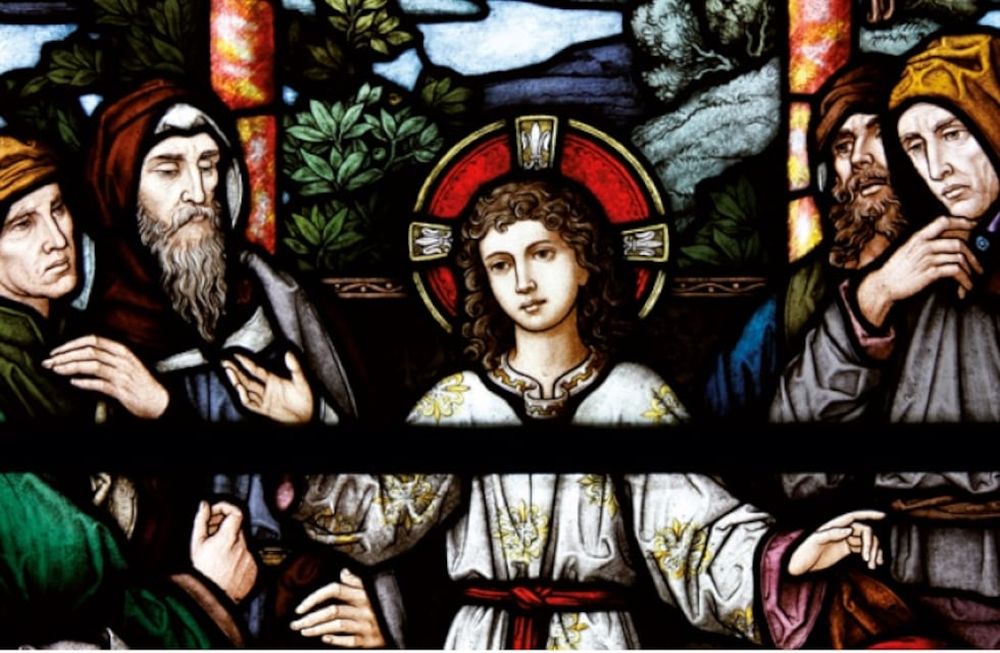 Jesús entre los doctores de la Ley, detalle de los vitrales de la capilla del Hospital del Niño Jesús, en Madrid. Piezas creadas en 1881 por el taller alemán “Casa Mayer. El conjunto compuesto de 11 vidrieras y restaurado en 1992,