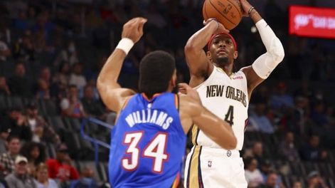 Loco final y triunfo para New Orleans Pelicans ante Oklahoma City Thunder por 110-113 gracias a un triple en el último segundo de Devonte Graham desde 19 metros, el más largo de la historia de la NBA. / Gentileza.
