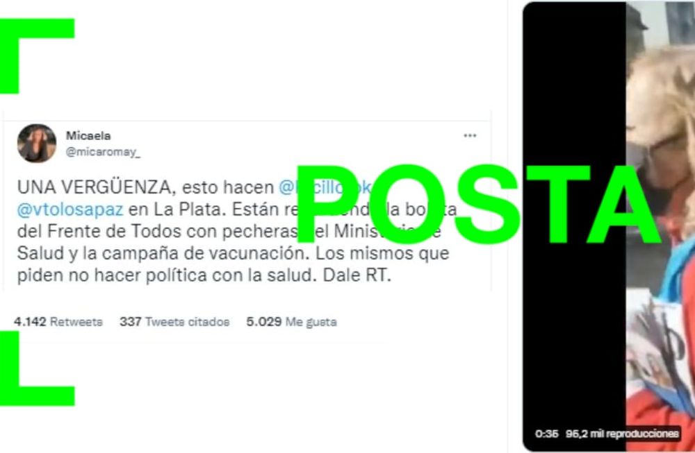 Una mujer repartió boletas del Frente de Todos con una pechera del Ministerio de Salud bonaerense
