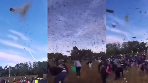 Los presentes, al ver que una gran cantidad de billetes caía desde un contenedor metálico, comenzaron a correr y gritar para poder agarrar la sorpresa del influencer. Foto: Captura video