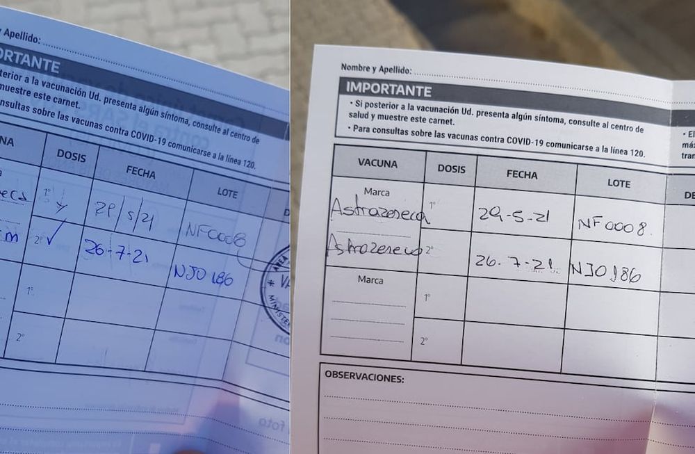Las dos fotos de la libreta de vacunación del mendocino que alertó que figuraban dos componentes distintos. Se trató de un error administrativo y esta mañana recibió la libreta corregida.