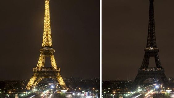 PRENDIDA Y APAGADA. Esta foto muestra los dos momentos de la torre Eiffel.(AP/Kamil Zihnioglu).