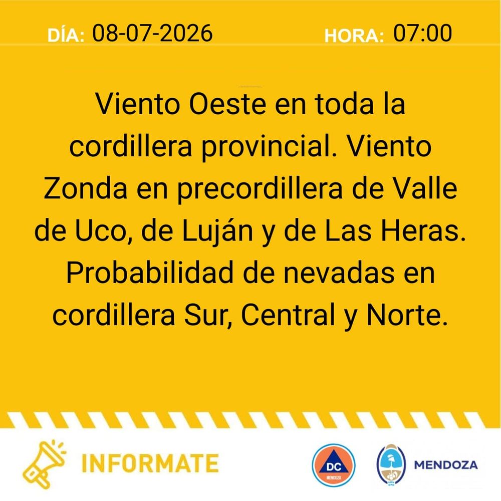 Alerta amarilla por Zonda y nevadas este miércoles 8 de julio