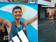 El mendocino Ignacio Erario, el primer argentino en cruzar la línea de meta en la Maratón de Buenos Aires.