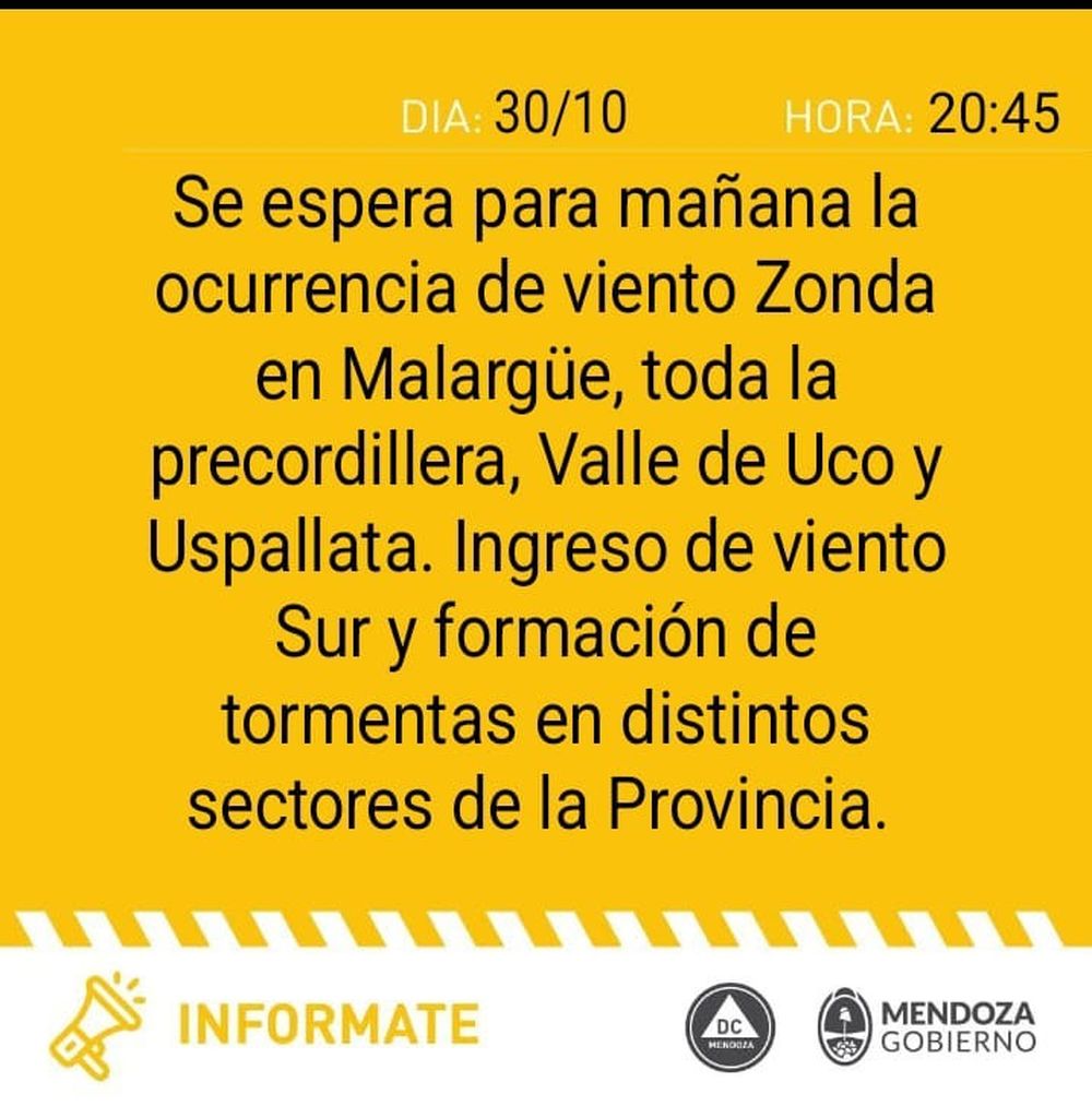 Defensa Civil informó que persiste la alerta por tormentas y Zonda este viernes en Mendoza: a qué zonas alcanza