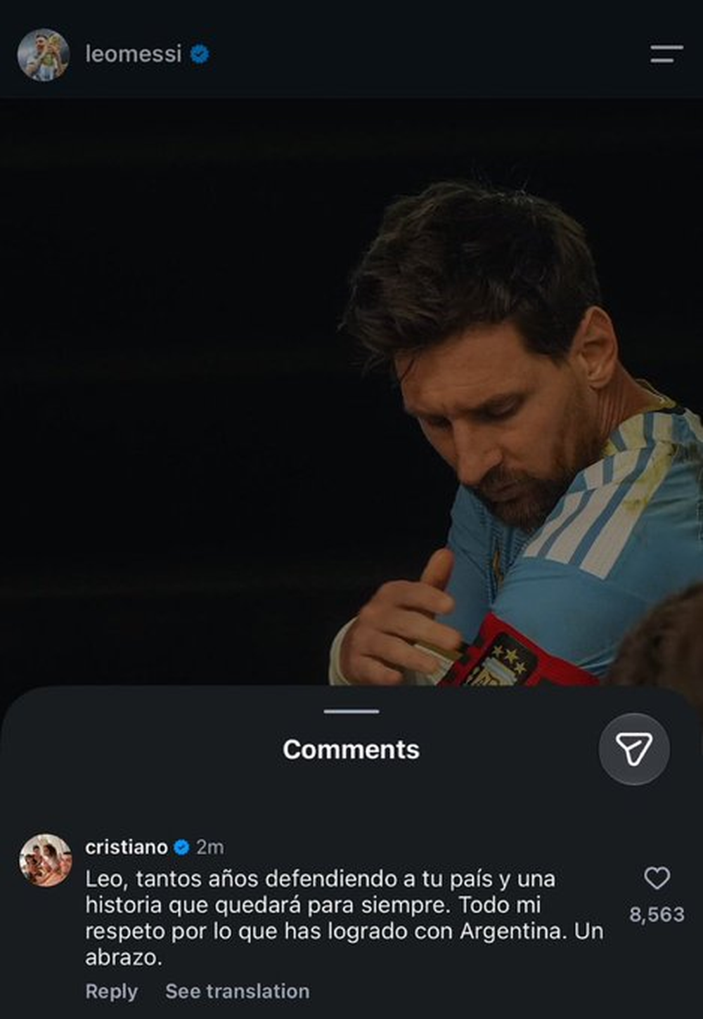 En el posteo de despedida de Lionel, Cristiano felicitó al argentino por su trayectoria con la Selección.