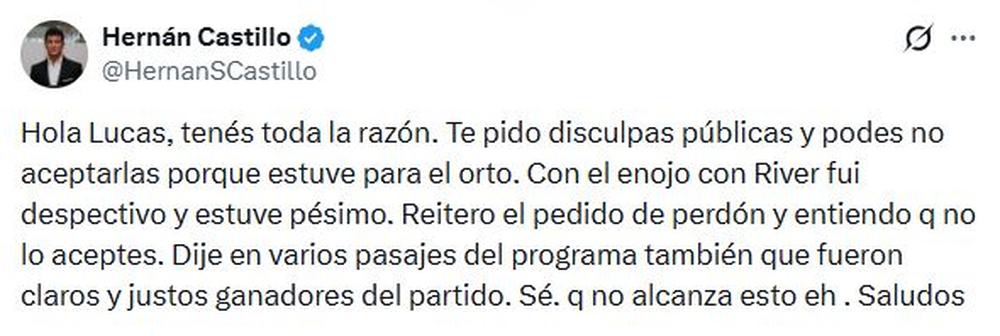 El pedido de disculpas de Hern&aacute;n Castillo a Lucas Passerini en la red social X. 
