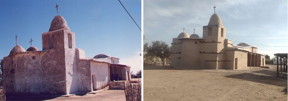 Zona de secano. Imágenes de la capilla Nuestra Señora del Rosario, en el norte de Lavalle. Fotografías tomadas en 1999 y 2021 por Horacio Chiavazza.