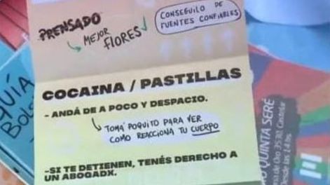 “Tomá poquita cocaína”: la insólita recomendación del Municipio de Morón a los jóvenes en un folleto. Foto: Twitter @diegosantilli