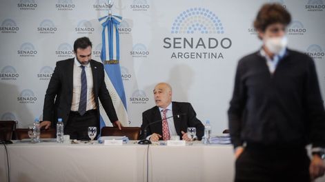 Los Andes | Los senadores Ezequiel Atauche y Bartolomé Abdala, de La Libertad Avanza, y el radical Martín Lousteau en el plenario de comisiones (Foto: Federico López Claro)