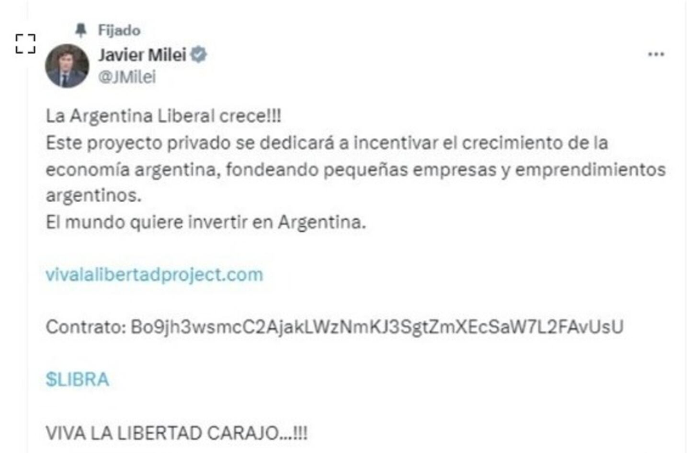 El tuit de Javier Milei promocionando la criptomoneda $LIBRA.