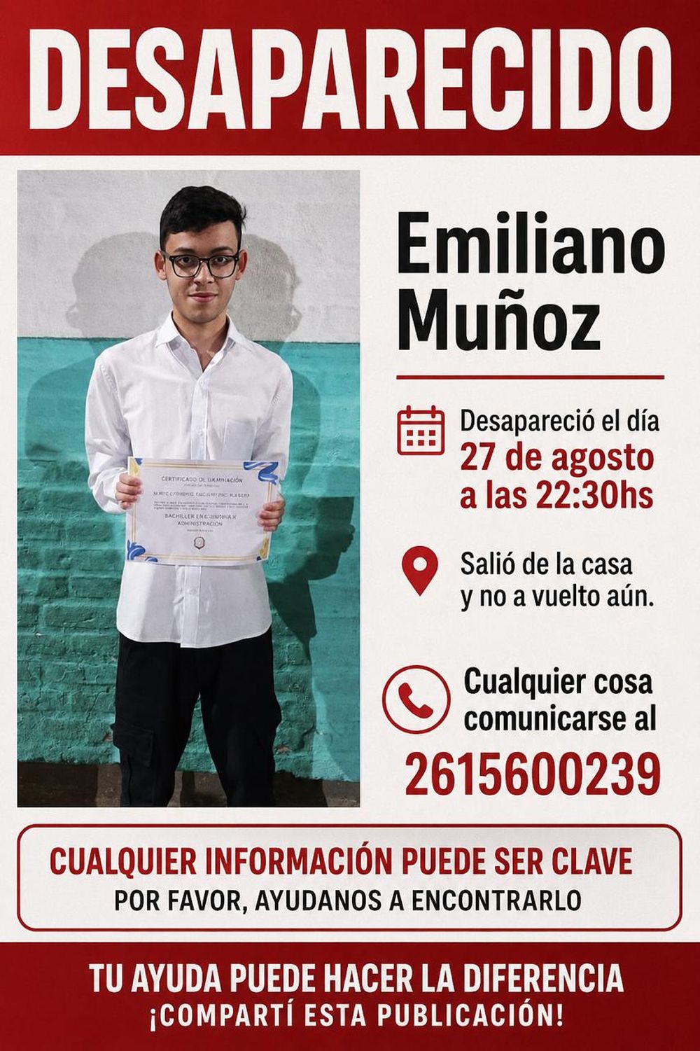 Emiliano Muñoz fue visto por última vez el jueves 27 de agosto