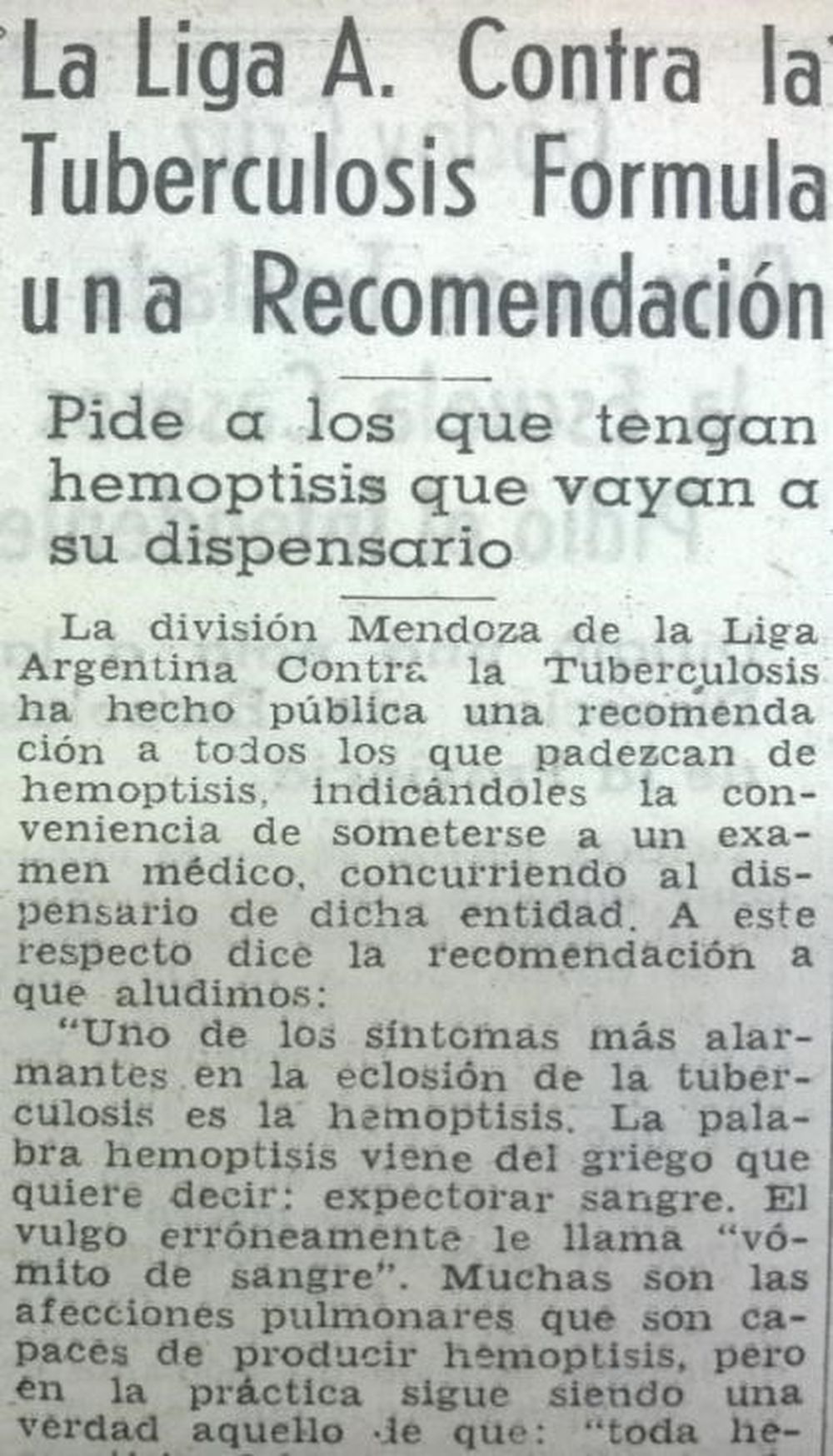 Difusión. Artículo de diario Los Andes de 1942, con recomendaciones de la Liga Argentina contra la Tuberculosis. Fuente: Diario Los Andes, 29 de enero de 1942