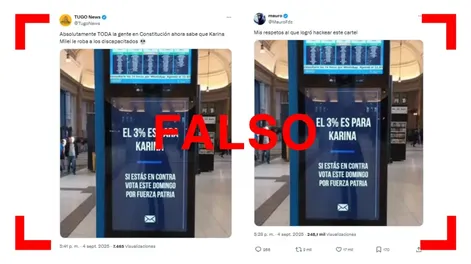 La foto de un cartel en una estación de trenes con la frase el 3% es para Karina es un montaje