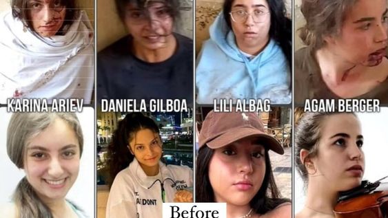 El antes y el después de las 4 mujeres secuestradas por los terroristas de Hamás unas horas después de los ataques del 7 de octubre. Tienen entre 19 y 20 años.