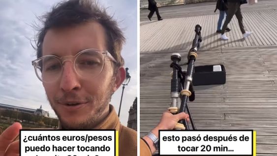 Un periodista argentino tocó la gaita a la gorra en París y se sorprendió con lo que recaudó en 20 minutos.