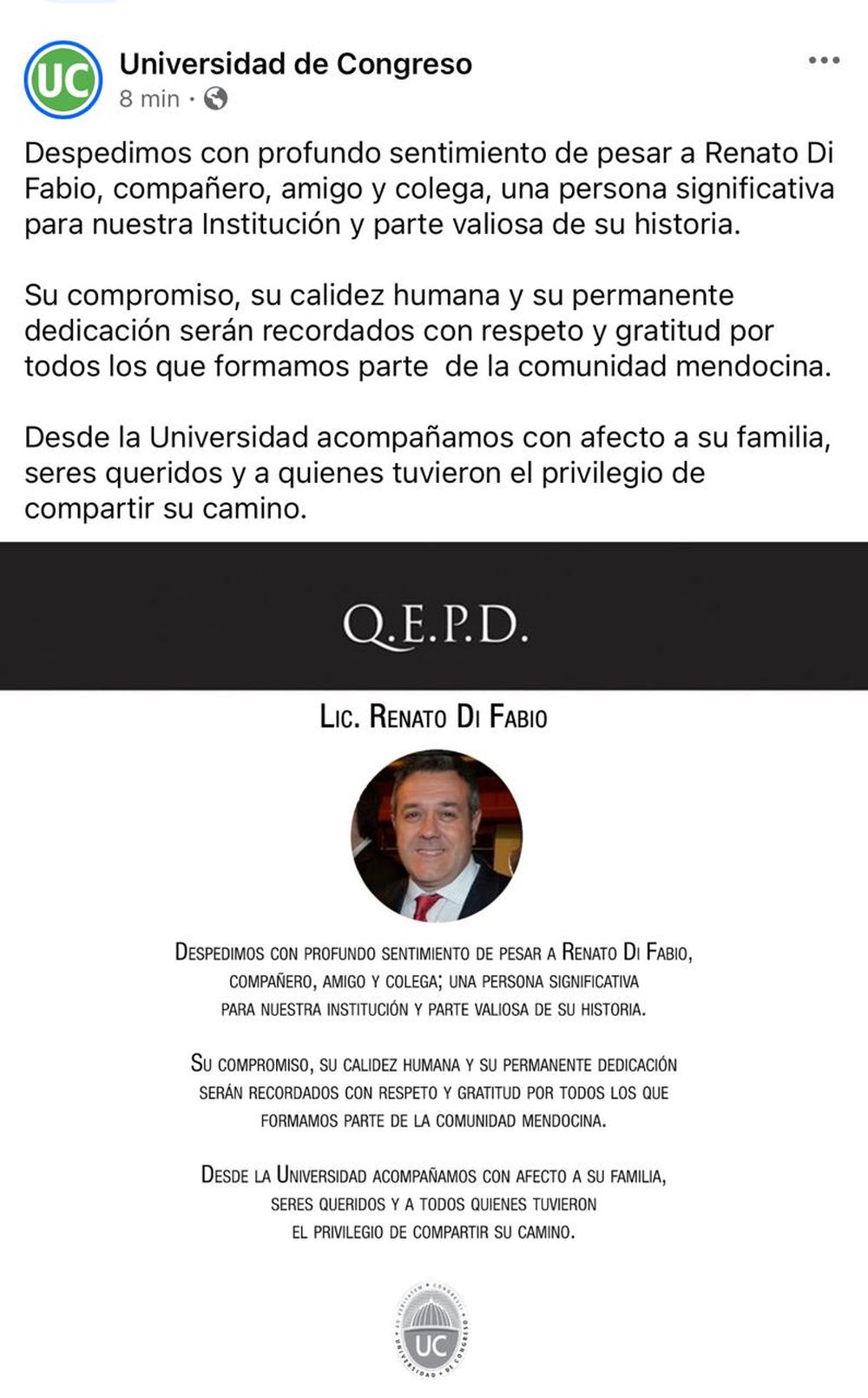 Mensaje de la Universidad de Congreso por la muerte de Renato Di Fabio