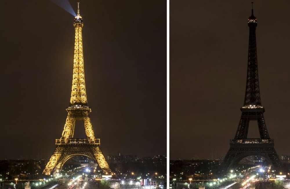 PRENDIDA Y APAGADA. Esta foto muestra los dos momentos de la torre Eiffel.(AP/Kamil Zihnioglu).