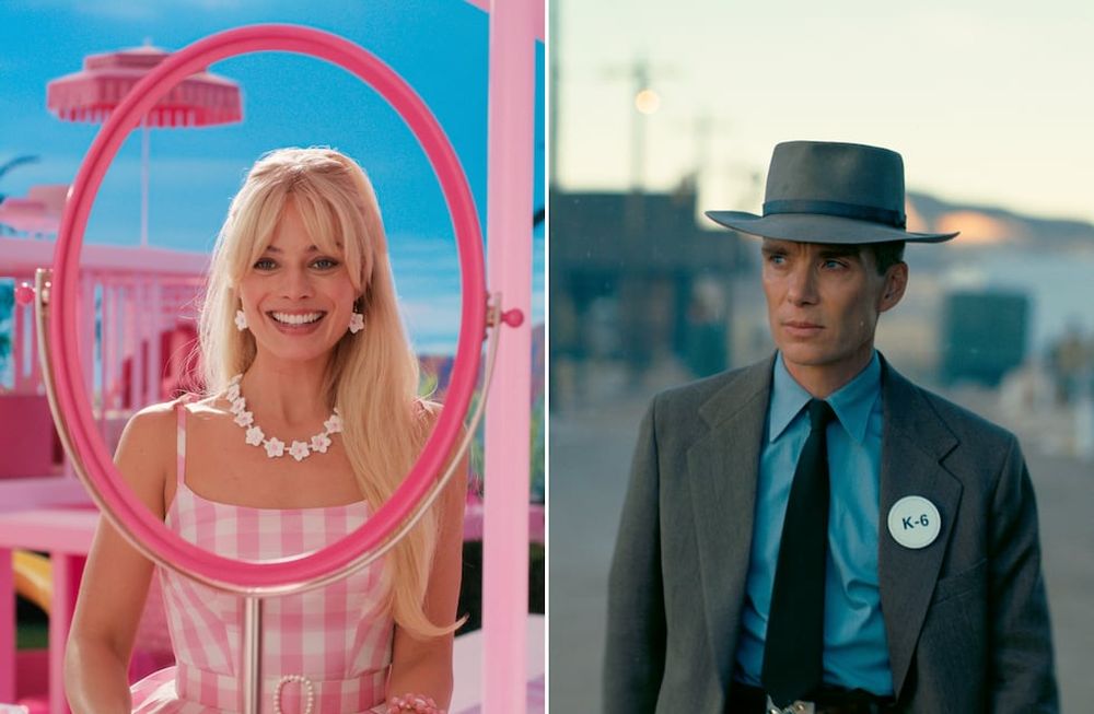 Esta combinación de imágenes muestra a Margot Robbie en una escena de Barbie, a la izquierda, y a Cillian Murphy en una escena de Oppenheimer. (Warner Bros Pictures/Universal Pictures vía AP)