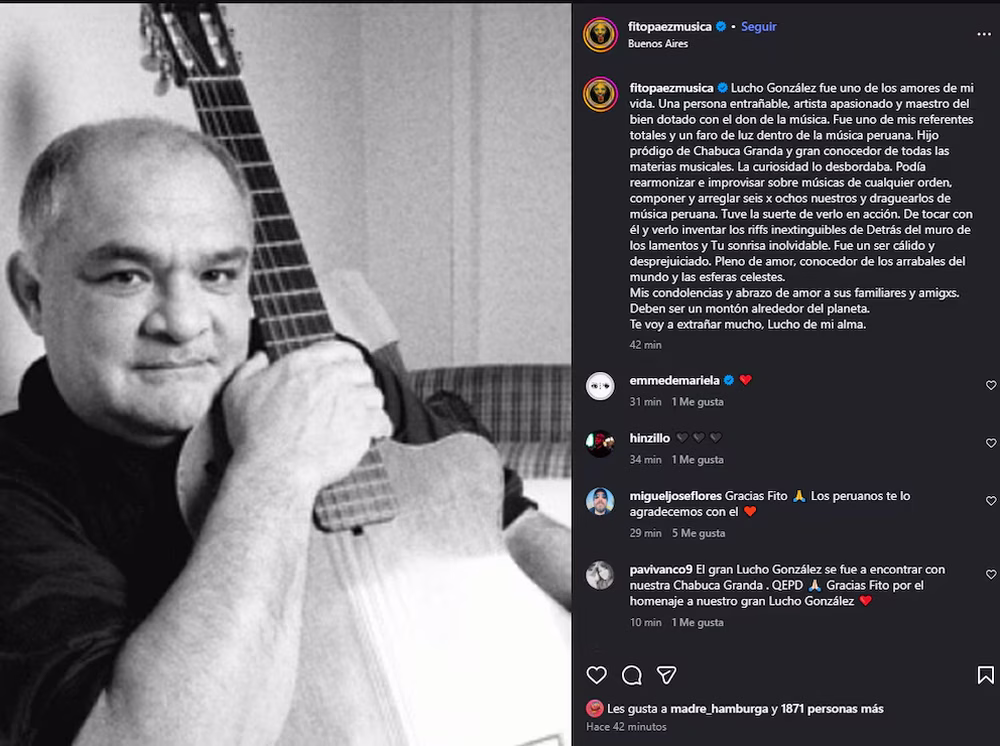 La despedida de Fito Páez al guitarrista Lucho González.