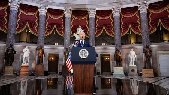 WASHINGTON, DC - JANUARY 06: U.S. President Joe Biden delivers remarks on the one year anniversary of the January 6 attack on the U.S. Capitol, during a ceremony in Statuary Hall at the U.S. Capitol on January 06, 2022 in Washington, DC. One year ago, supporters of President Donald Trump attacked the U.S. Capitol Building in an attempt to disrupt a congressional vote to confirm the electoral college win for Joe Biden. (Photo by Drew Angerer/Getty Images)