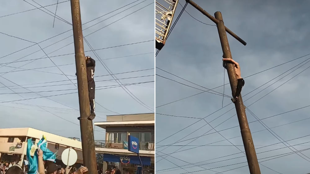 El peligroso festejo viral de un lujanino por el triunfo de Argentina: trepó un poste y cayó.