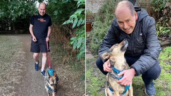 sophie, la perra rescatada que ahora acompana a su dueno con parkinson en las caminatas de las 6