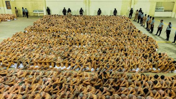 Fotografía cedida por el gobierno de El Salvador donde se registra el traslado de pandilleros al Centro de Confinamiento del Terrorismo (CECOT), hoy en La madrugada en Tecoluca (El Salvador). El Gobierno de El Salvador trasladó la madrugada de este viernes a 2.000 supuestos pandilleros a una nueva prisión que tiene capacidad para unas 40.000 personas, según informó el presidente Nayib Bukele. Foto: EFE/ Gobierno
