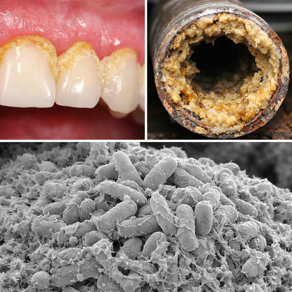 Casos. Arriba a la izquierda placa dental. Arriba a la derecha formación de biofilm en caños. Abajo fotografía microscópica electrónica de bacterias formando biofilm dentro de su matriz. 