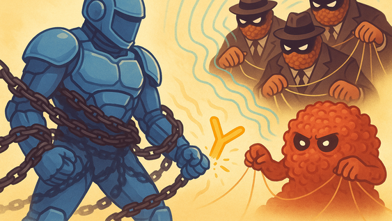 Ilustración que representa el trabajo de un soldado atado de manos para que no pueda cumplir su función, siendo manipulado por el tumor y sus secuaces. El anticuerpo sería el liberador que rompe las cadenas