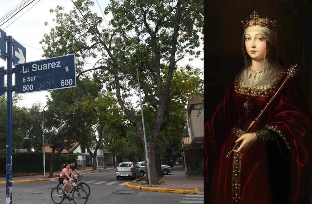Esta calle de la Ciudad de Mendoza evoca a una de las mujeres más importantes de la historia universal: Isabel de Castilla, la reina católica. | Foto de José Gutiérrez y retrato de archivo.