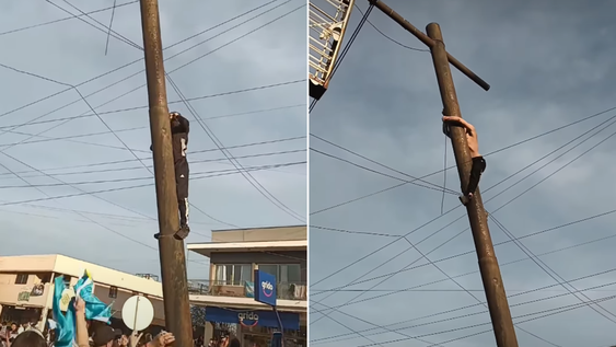 El peligroso festejo viral de un lujanino por el triunfo de Argentina: trepó un poste y cayó.